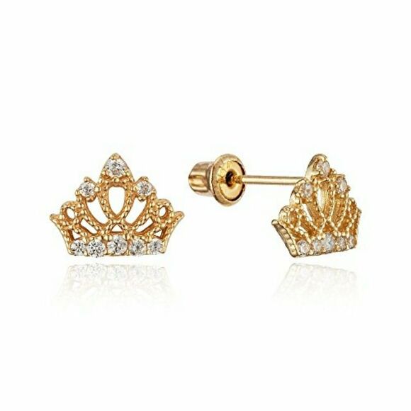 Solid 14k yellow gold princess Crown Earrings kid.